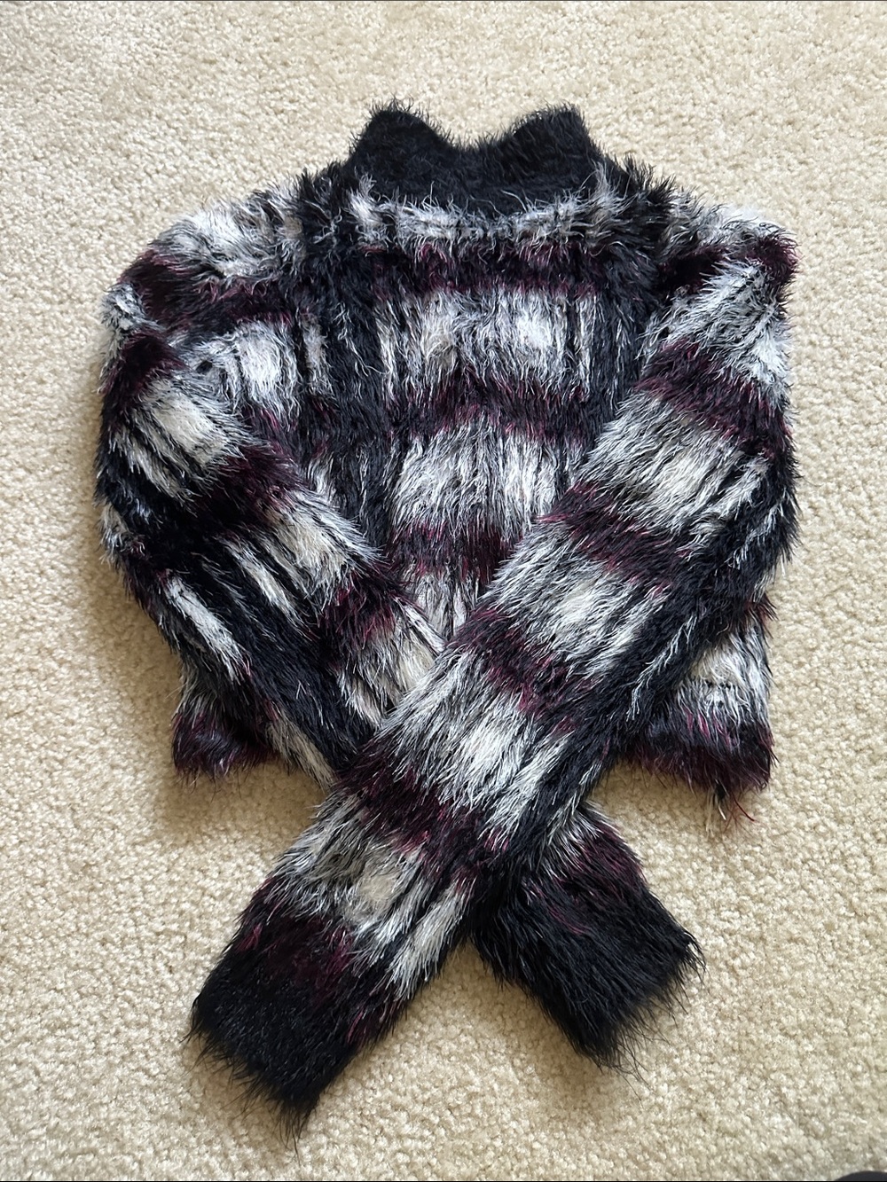 Dolls Kill Fuzzy Striped Mock Turtleneck Sweater in Black, White & Plum